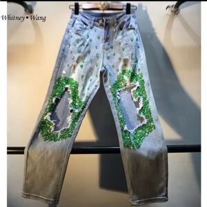 Whitney Wang Distressed Wide Leg Jeans with Green Embellishments. Like New.